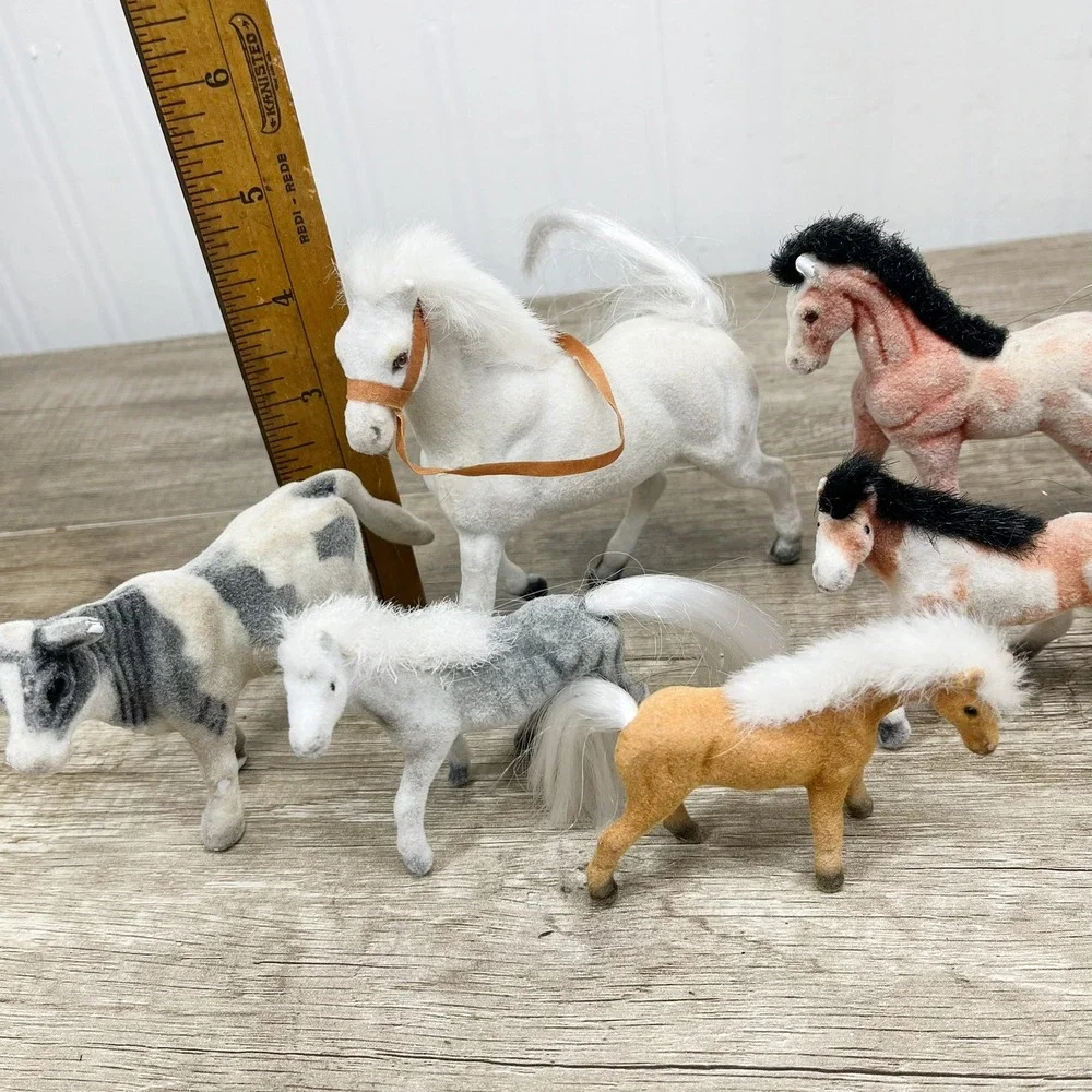 Vintage Flocked Horse and Cow Figurines Lot of 6 Fuzzy Farm Animals Toy Set